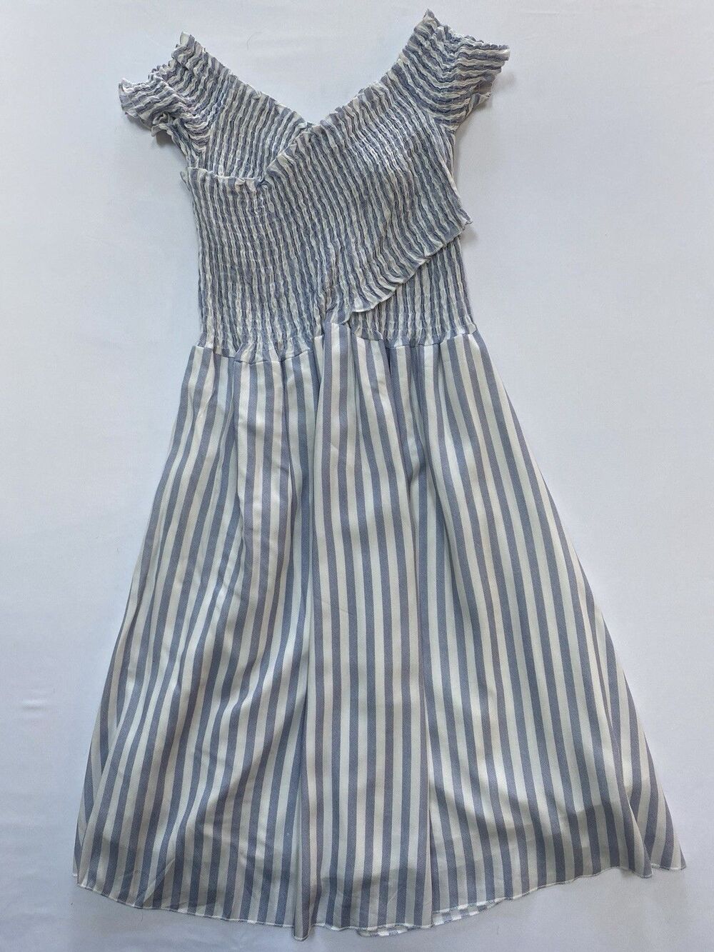 Beachsissi Blue White Striped Smocked Off Shoulder Midi Summer Dress Size M